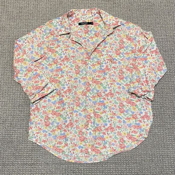 Lauren Ralph Lauren Shirt Womens M Button Down Floral EmbroideredLogo 3/4 Sleeve - Picture 1 of 10